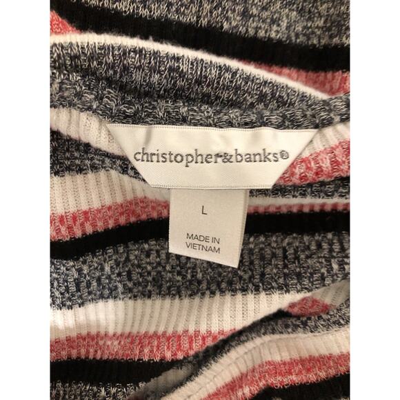 Christopher Banks Tunic Sweater L Red Blk Stripe V-neck 3/4 Sleeve Boho Hippie - Picture 4 of 8